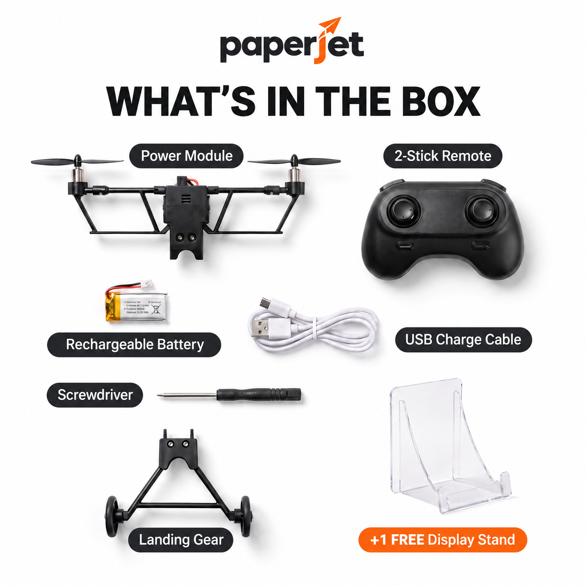 What's in the box: power module, two-stick remote, battery, USB cable, screwdriver, landing gear, display stand