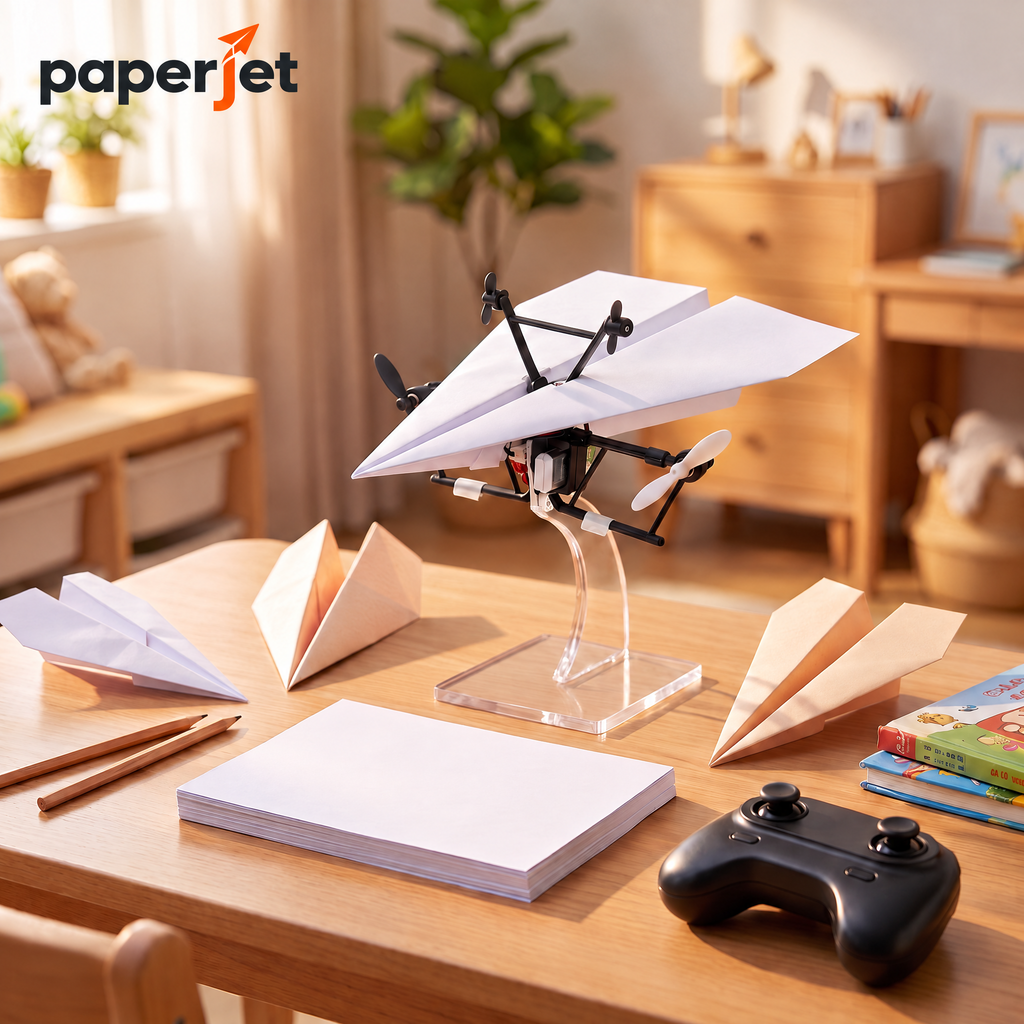Paperjet on its display stand on a desk with folded paper planes and the remote