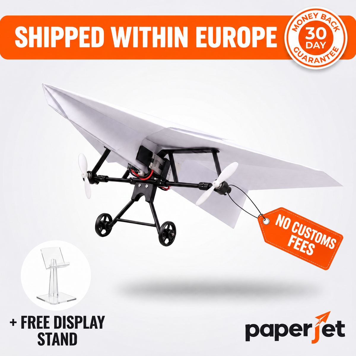 Paperjet RC paper airplane kit, shipped within Europe, free display stand included