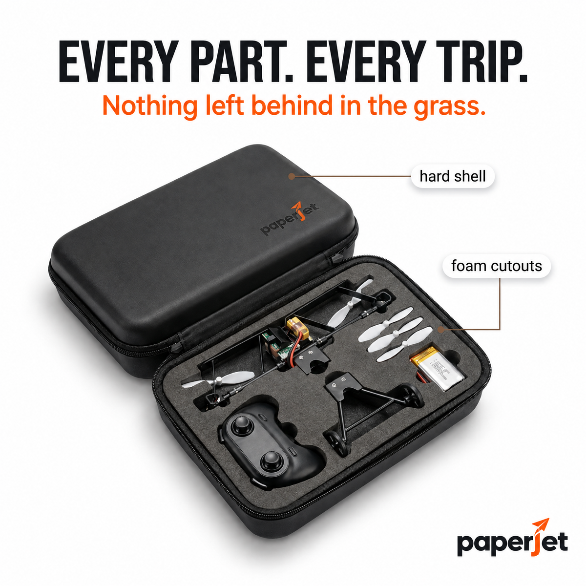 Paperjet carry case with foam cutouts for every part