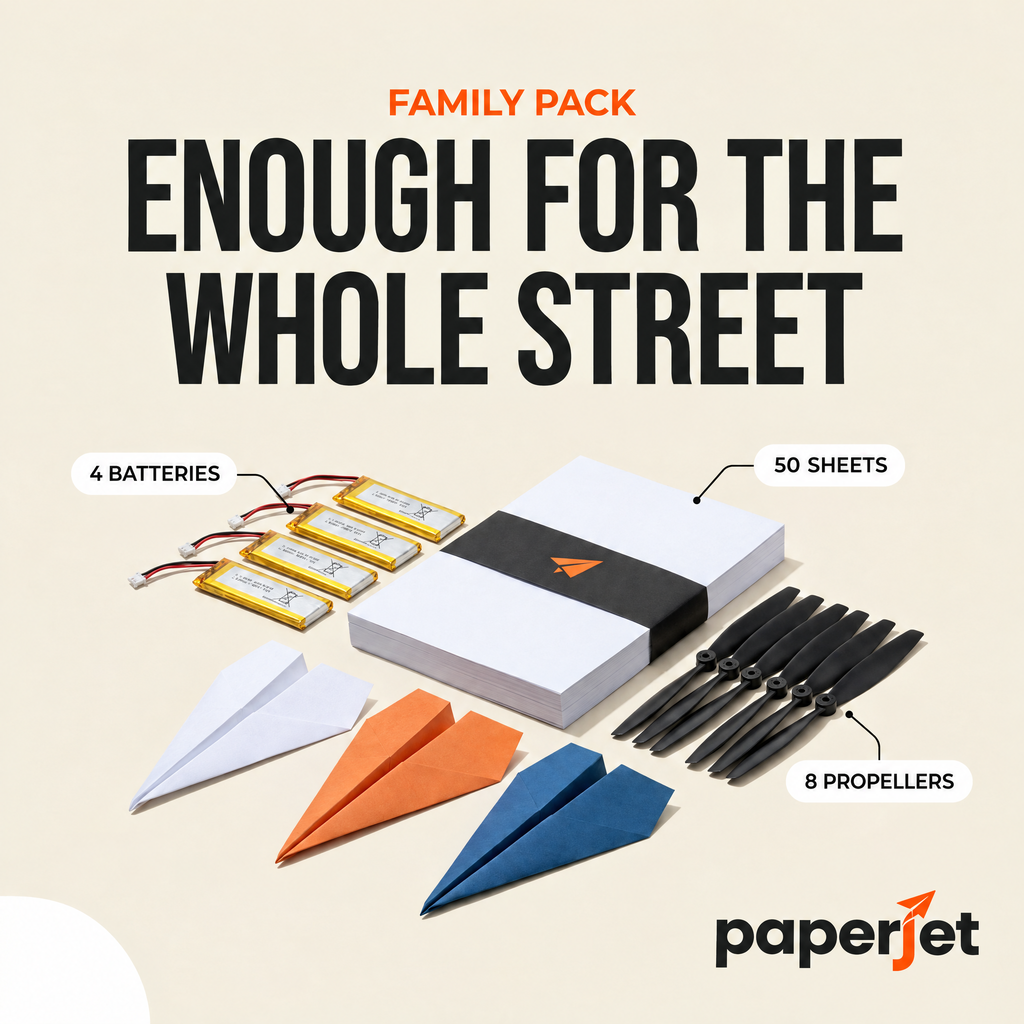 Family pack: four batteries, 50 sheets and eight propellers