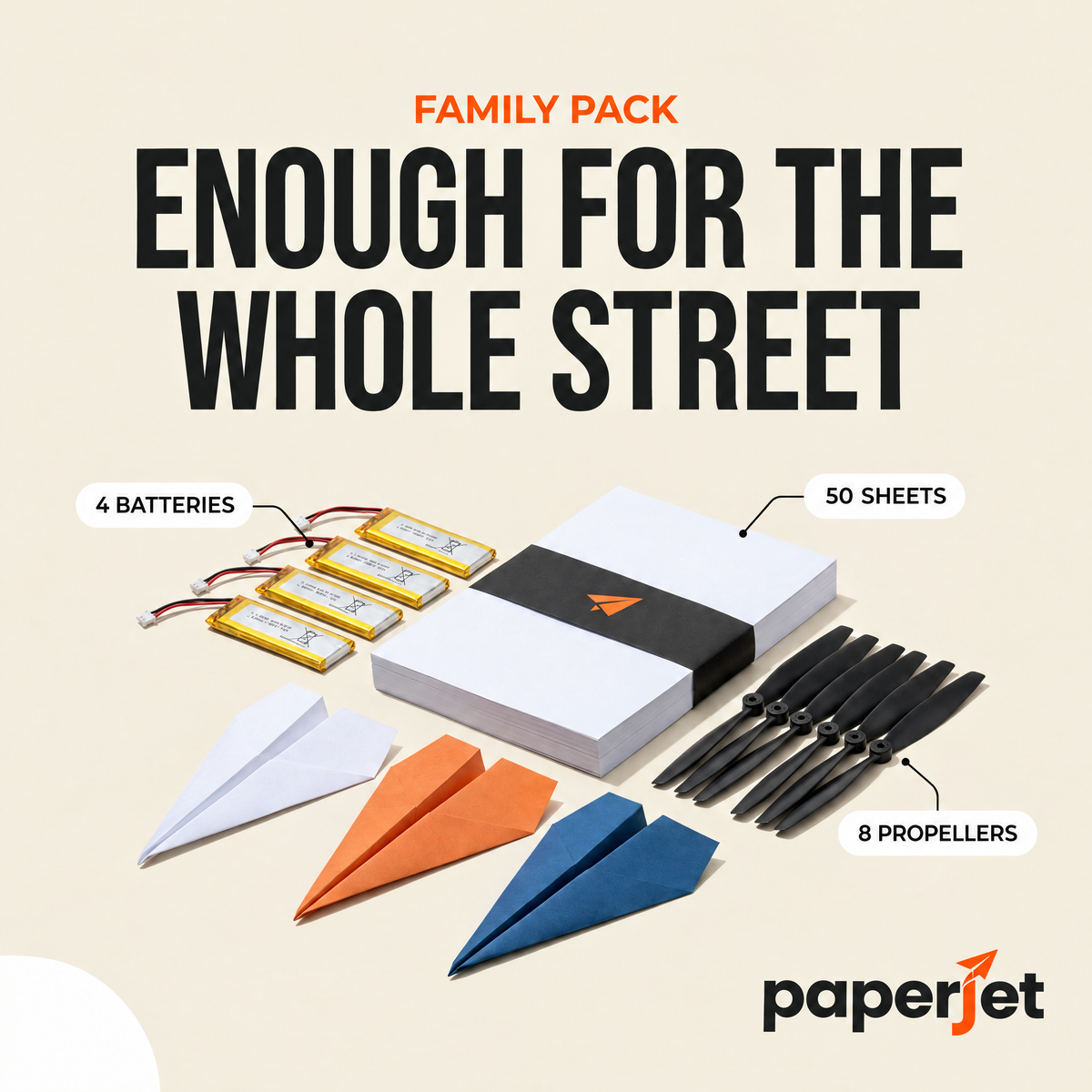 Family pack: four batteries, 50 sheets and eight propellers